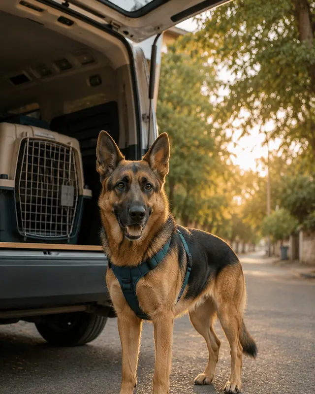 Bruno, a German Shepherd in a teal harness, standing at the open tailgate of a pet van at sunrise with his crate loaded inside.