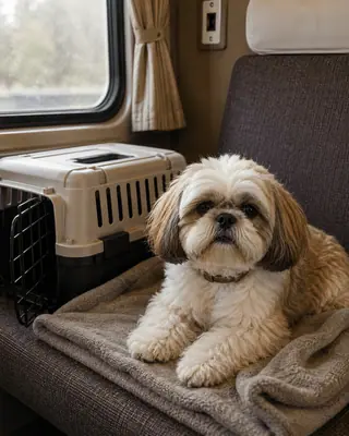 Luna, a Shih Tzu, settled on a towel on a train berth next to her open carrier, watching the window.