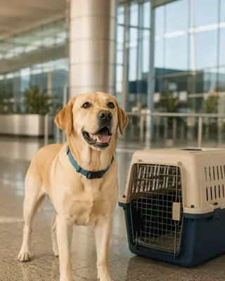 Simba, a yellow Labrador in a blue collar, standing beside his navy IATA crate in an airport departures hall.